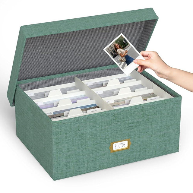 Decorative Photo Storage Box - Linen Photo Box Organizer with Dividers, Fits Holds Up to 1700 Pictures and 5x7 Photos, Memory Keepsake Organizer for Photos, Scrapbook Supplies, Cards, Stamps (Green)