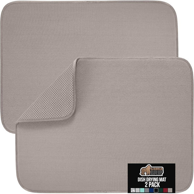 GORILLA GRIP Ultra Water Absorbent Microfiber Dish Drying Mat 2 Pack, Quick Dry Thick Mesh, Slip Resistant Pad for Sink Dishes or Under Rack, Kitchen Counter Accessories, Machine Wash, 18x16, Almond