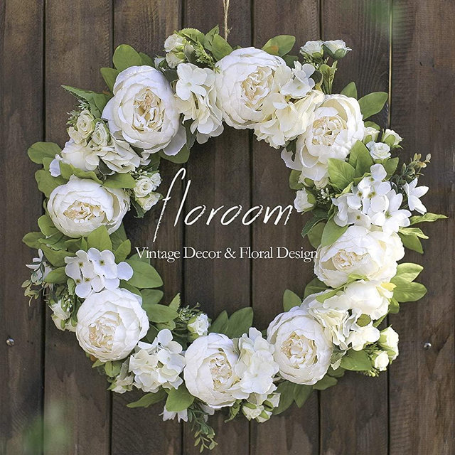 Floroom Floral Wreath, Door Wreath, 20'' Artificial White Peony Hydrangea Wreath for Front Door, Wedding Decorations Wall Decor