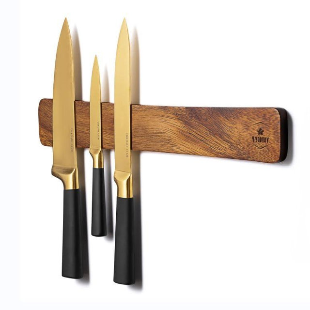 4 YORVOY Magnetic Knife Holder for Wall-16 inches long Kitchen Organizer- No Drilling Knife Magnetic Strip- Compact Utensil Holder- Acacia Wood Knife Rack- Strong Knife Magnet- Easy Installation