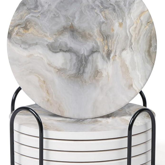 Hoomey Set of 6 Abstract Gray White Marble Coasters with Holder, Absorbent Ceramic Coasters for Drinks, Coasters with Cork Backing for Table Protection, Housewarming Gifts for New Home
