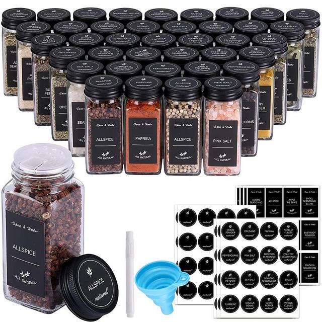 CUCUMI 48pcs Glass Spice Jars with Labels, 4oz Empty Square Spice Bottles with Shaker Lids, Black Airtight Metal Caps Collapsible Funnel Chalk Pen Seasoning Containers for Spice Rack Drawer Cabinet