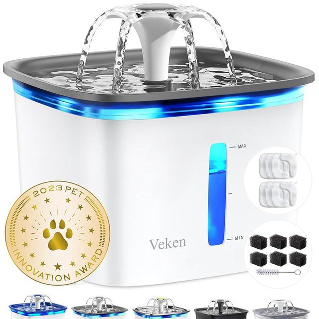 Veken Innovation Award Winner 95oz/2.8L Pet Fountain, Automatic Cat Water Fountain Dog Water Dispenser with 6 Replacement Filters & Silicone Mat for Cats, Dogs (Grey, Plastic)