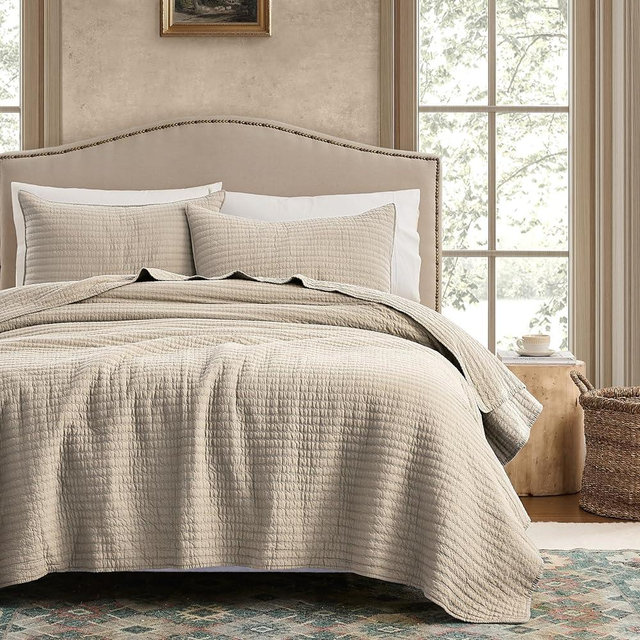 WDCOZY 100% Cotton King Size Quilt Set - Beige Neutral Striped Pick Stitch Soft Lightweight Bedspread, Textured Like Linen, Farmhouse Country Rustic Coverlet, Shabby Chic Gauze Bedding, 3 Pieces