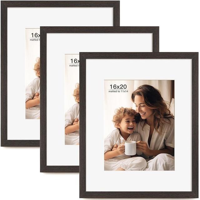 FinalFind 16x20 Picture Frame with Mat for 11x14 Set of 3, Black Wood Grain 16x20 Frames for Horizontal & Vertical Wall Mounting (3 Pack，Black)