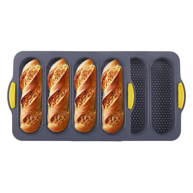loaf pan atrccs French four-hole bread loaf pan bread pan French bread non-stick pan easy to release household silicone food baking breakfast warm afternoon tea romantic dinner tool (black)