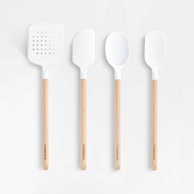 Crate & Barrel White Silicone and Wood Utensil, Set of 4