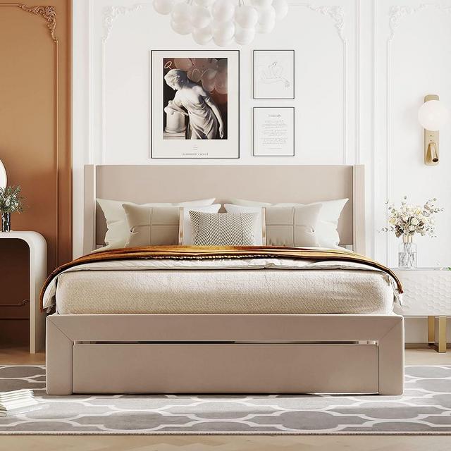 Livavege Queen Bed Frame with Wingback Headboard and Storage Drawers, Velvet Upholstered Platform w/Wooden Slats Support, Queen Size Bedframe No Box Spring Needed, Easy Assembly/Mattress Foundation