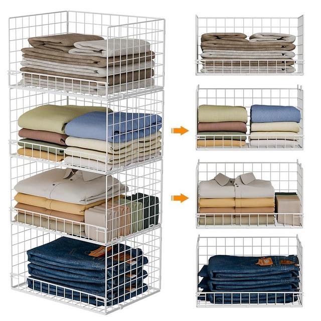 Yociyoga 4-Tier Stackable Closet Organizers and Storage Basket, Foldable Closet Shelf Organizer System, Space-Saving Clothes Storage Drawer Organizer for Wardrobe, White (Patent Pending)