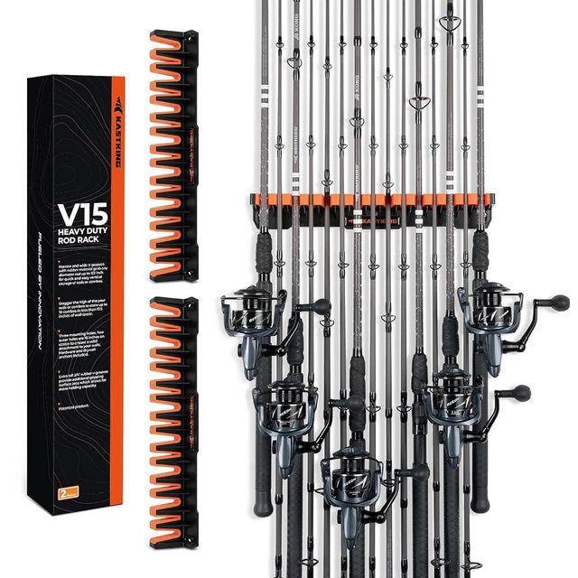 KastKing Patented V15 Vertical Fishing Rod Holder – Wall Mounted Fishing Rod Rack, Store 15 Rods or Fishing Rod Combos in 18 Inches, Great Fishing Pole Holder and Rack