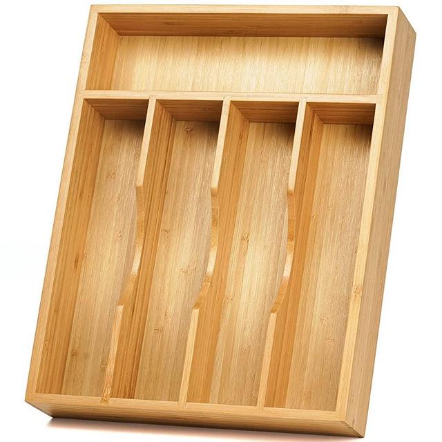 Kitchen Drawer Organizer, 10 Inch Silverware Utensil Tray Holder, Extra Deep, with Non-Slip Feet & Grooved Drawer Divider, 5 Slots Total Bamboo Wood Caddy for Flatware Cutlery Knives, Forks, Spoons