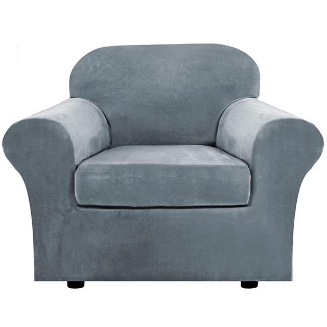 Rich Velvet Stretch 2 Piece Chair Cover Chair Slipcover Sofa Cover Furniture Protector Couch Soft with Elastic Bottom Chair Couch Cover with Arms, Machine Washable(Chair, Stone Blue)