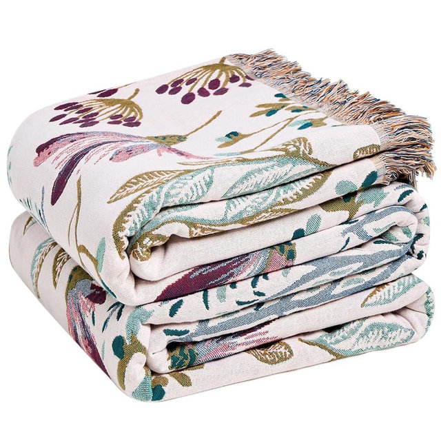 LUTBM Boho Throw Blanket for Bed Cotton Blankets Twin Size for Bedroom Living Room All Season Lightweight Floral Embroidery Quilt for Couch Sofa Chair 60"x80"
