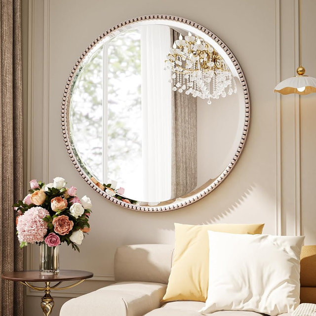 Riskioir 24 Inch Round Bathroom Mirror - Luxurious Retro Beaded Circle Decorative Wall Mirror with PU Frame Hanging Leaning as Art Decor for Entryway, Bedroom, Living Room, Hallway, Silver