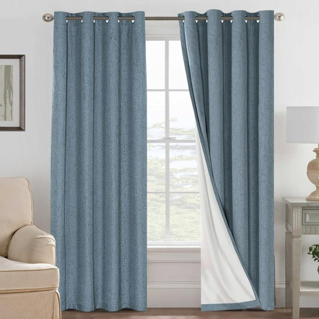 H.VERSAILTEX Linen Blackout Curtains 108 Inches Long 100% Blackout Thermal Insulated Textured Linen Look Curtain Draperies Anti-Rust Grommet, Energy Saving with White Liner, 2 Panels, Stone Blue