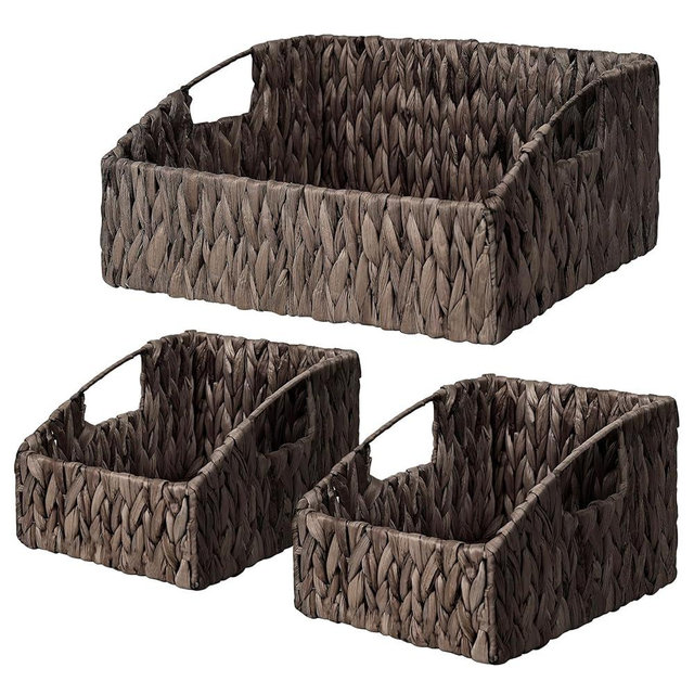 Ollieroo Natural Water Hyacinth Storage Baskets, Handwoven Wicker Storage Bins with Built-in Handles, Storage Container Baskets for Shelves, Bedroom, Bathroom, Laundry Room or Kitchen(Black)