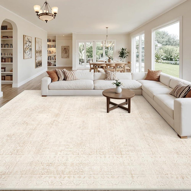 10x14 Area Rugs for Living Room: Vintage Boho Neutral Washable Rug Indoor Soft Large Area Rug Carpet for Bedroom Nursery Farmhouse Dining Room Office Floor Non-Slip Low Pile Under Table Rug Beige