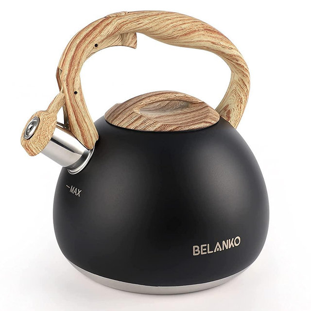 Tea Kettle, BELANKO 102 OZ / 3 Liter Whistling Tea Kettle, Tea Pots for Stove Top Food Grade Stainless Steel with Wood Pattern Handle, Loud Whistle Kettle for Tea, Coffee, Water, Milk - Black