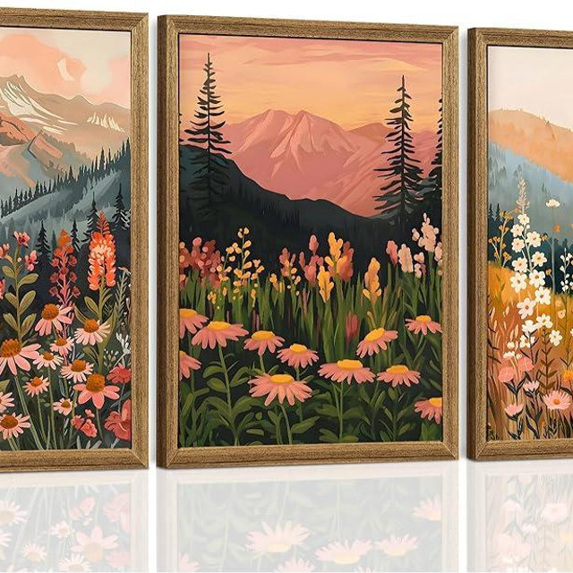 ICHZUMW Framed Boho Abstract Landscape Mountain and Floral Canvas Wall Art Set of 3, Colorful Nature Botanical Paintings Artwork, Large Wildflower Wall Decor for Living Room Bedroom Office, 12x16in