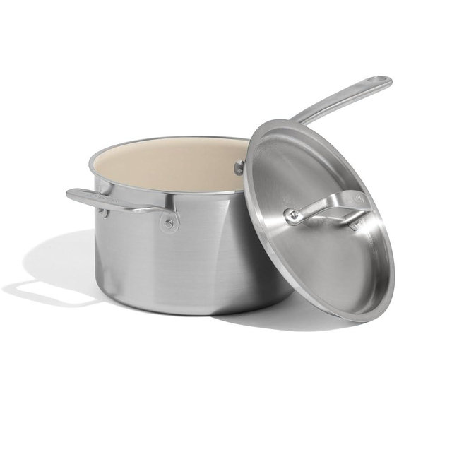 Made In Cookware - 4 QT Ceramic Non Stick Saucepan with Lid - 5-Ply Stainless Clad with Stay-Cool Handle - Professional Cookware - Crafted in Italy - Induction Compatible