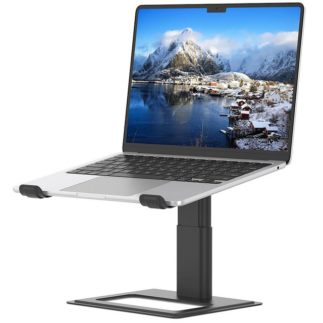 SOUNDANCE Adjustable Laptop Stand, Ergonomic Aluminum Riser for 10-17.3” Notebooks, Ventilated Metal Holder with Height Alignment for Desk Workspace, Black