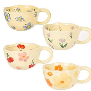 Ceramic Coffee Mug Vintage Flower Mugs 8 oz Cute Floral Coffee Mugs Irregular Latte Art Cup Lead-free Porcelain Cups for Cappuccino, Cocoa (4 Pack)