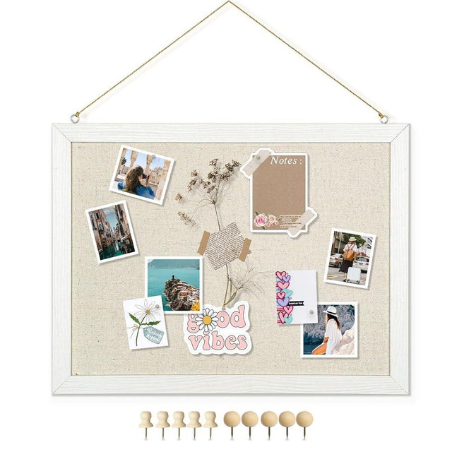 DOLLAR BOSS Bulletin Boards with Linen 1-Pack 16''X 12'' Double-Sided Cork Board for Walls Wood Framed Bulletin Boards, Small Pin Board for Home Kitchen Office Decorative Hanging 10 Pushpins