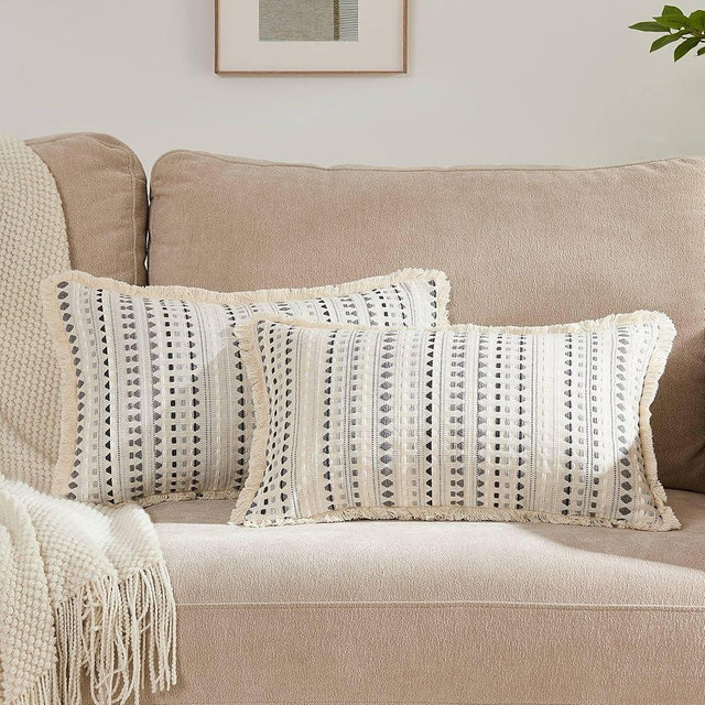 HALANS Embroidered Throw Pillow Cover Set of 2, Spring Summer Boho Farmhouse Decorative Pillow Case with Tassels, Textured Cushion Cases for Sofa Living Room Home Decor (Grey, 12" x 20")