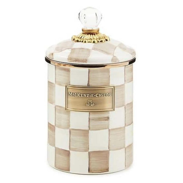 MACKENZIE-CHILDS Enamel Canister, Medium, 48-Ounce Capacity, Brown-and-White Mocha Check