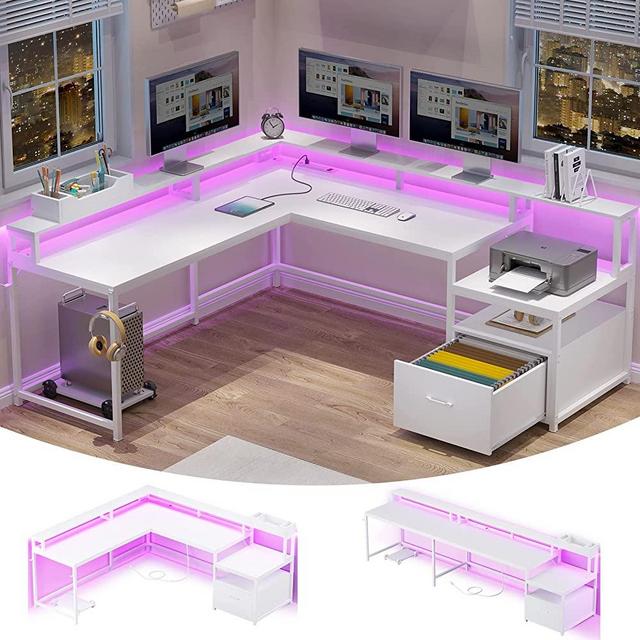SEDETA L Shaped Gaming Desk, 66" Home Office Desk with File Drawer & Power Outlet, Gaming Desk with Led Lights, Corner Computer Desk with Monitor Shelf, Printer Storage Shelves, Two Person Desk, White