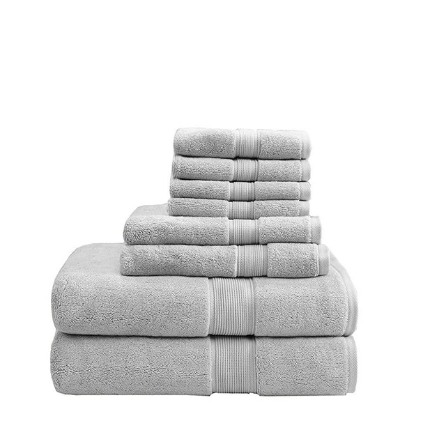 MADISON PARK SIGNATURE 800GSM 8 Piece 100% Cotton Towel Set for Bathroom, 2 Bath Towels, 2 Hand Towels, 4 Washcloths, Premium Long Staple Pile, Spa Luxurious Design, Silver