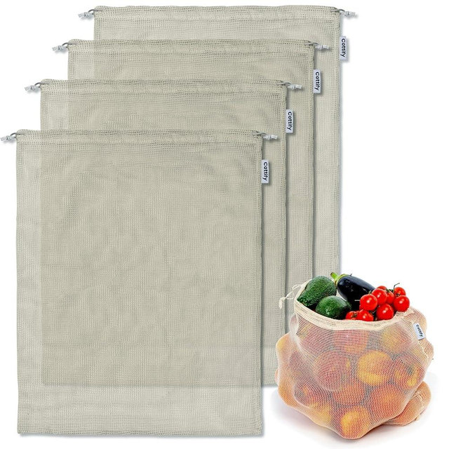 4-pack Reusable Produce Bags Grocery Washable XL, Organic Cotton Mesh Produce Bags Double-Stitched Vegetable Grocery Reusable, Tare Weight, Cotton Produce Bags Reusable Washable, Produce bgs XL