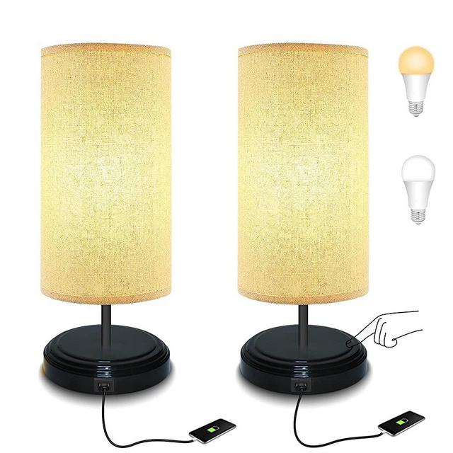 Touch Control Dimmable Nightstand Lamp, BRTLX LED Bedside Desk Lamp with USB Charging Port and Outlet, Table Lamp with Fabric Lamp Shade for Living Room Bedrooms Set of 2, 6W E26 Bulbs Included