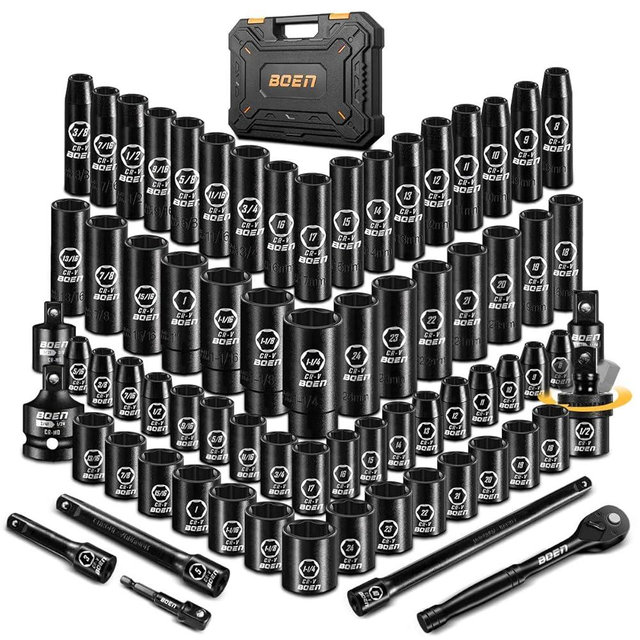 BOEN 1/2" Drive Impact Socket Set, 72 Piece Standard SAE (5/16"-1-1/4") & Metric (8-24 mm), Deep & Shallow Kit | Includes Ratchet Handle & Adapters | 3 ", 5", 10" Extension Bar