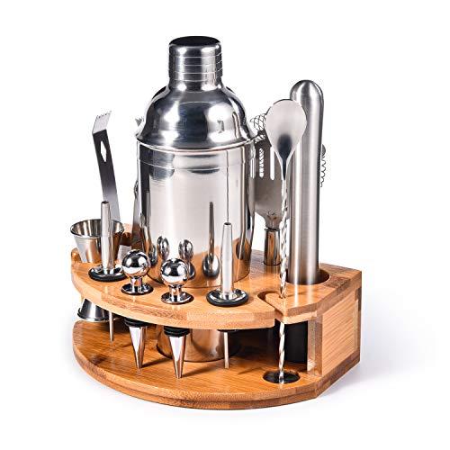 Bartender Kit with Stylish Bamboo Stand, 12 Piece Cocktail Shaker Set for Mixed Drink, Professional Stainless Steel Bar Tool Set - Cocktail Recipes Booklet(25 oz)