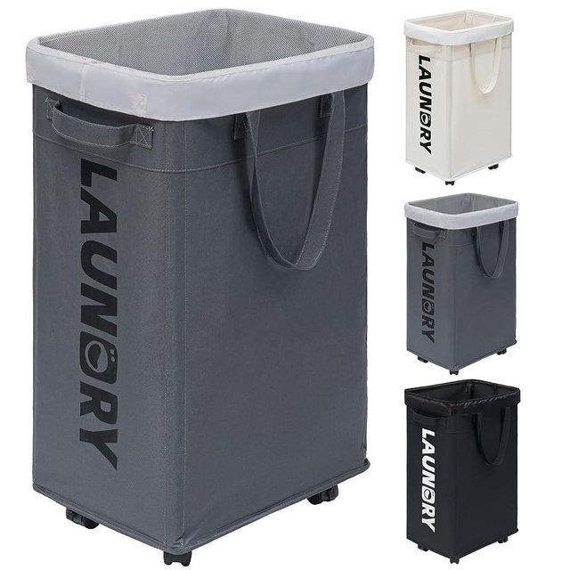 Goodpick Laundry Basket with Wheels, 75L Collapsible Large Laundry Hamper, Slim Laundry Basket with Removable Wash Bag for Corner Dorm, Rolling Laundry Basket with Handles, Grey