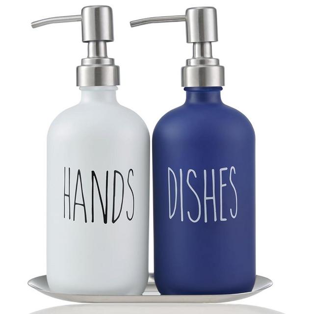 VICUKIE Glass Soap Dispenser Set, Kitchen Soap Dispenser Set with Stainlees Steel Pump,Refillable Bathroom Soap Dispenser Set, Modern Farmhouse Kitchen Decor, Navy Blue Soap Dispenser(Blue and White)