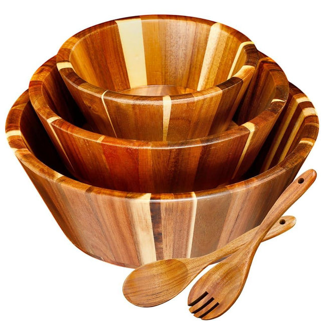 Yunlly Wooden Salad Bowl Set of 5 - Large Fruit Mixing Bowls with Salad Servers Utensils for Serving Dining Accessory - Handmade - Acacia Wood - Large 12", Medium 10", Small 8"(Round Design)