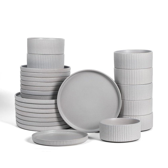 Stone Lain Haven Stoneware 24-Piece Dinnerware Set, Grey - Plates and Bowls Sets for 8, Elegant Dish Set, Includes Dinner Plates, Salad Plates Cereal Bowls, Microwave & Dishwasher Safe