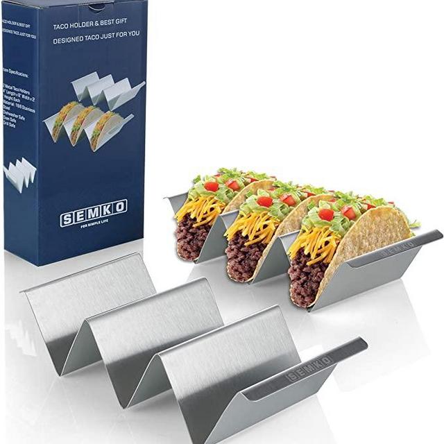 Taco Holder Stands Stainless Steel Set of 2 with Easy-Access Handle, Oven, Grill, and Dishwasher Safe, Smooth Edge, Size: 4" x 8"