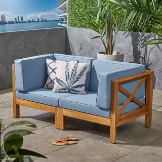 Brava Outdoor 2-Seater Sectional Acacia Wood Loveseat Set With Water-Resistant Cushions by Christopher Knight Home - teak + beige cushion