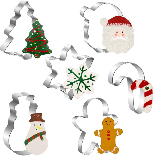 Large Christmas Cookie Cutters Set, 6 Pcs Large Holiday Cookie Cutters Shapes - Christmas Tree, Snowman, Gingerbread Man, Snowflake, Candy Cane, Santa Face Stainless Steel Holiday Cookies Molds