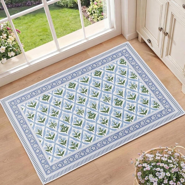 Chicplaid 2'' x 3'' Blue Green Block Print Area Rugs for Entryway Vintage Floral Decorative Boho Indoor Washable Door Mat Non Slip Polyester Rugs for Kitchen Home Bedroom Farmhouse(Vintage)