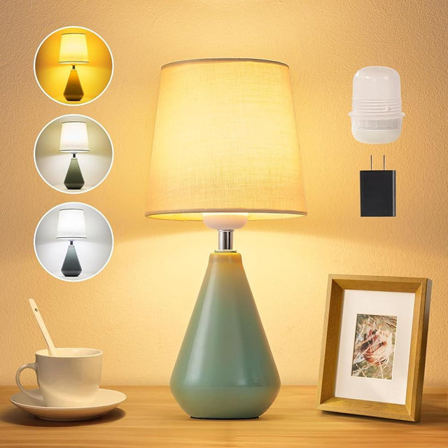 bdayanx Small Bedside Table Lamp for Bedroom - Reading Desk Lamp with 3 Way Dimmable Touch Control,12" Nightstand Ceramic Lamp with Fabric Shade for Kids Room,Living Room,Dorm,Home Office Green