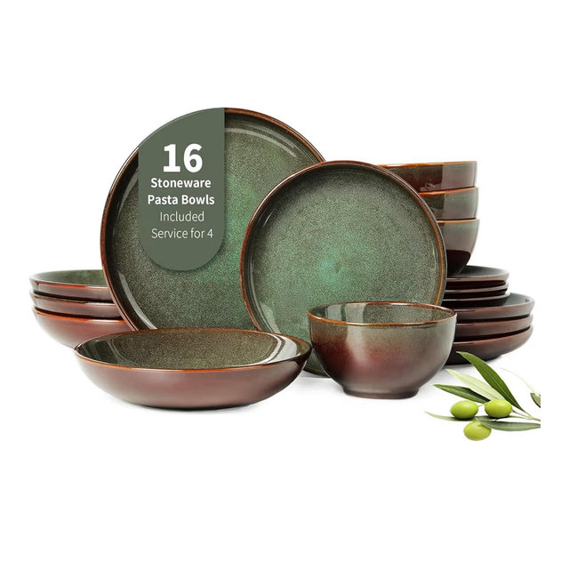 16 Piece Double Bowl Dinnerware Sets with Pasta Bowls, Highly Chip and Crack Resistant Plates and Bowls Sets, Natural Earthyware Ceramic Dishware Sets, Service for 4 Sage Green