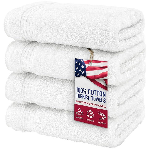 American Veteran Towel, Hand Towels for Bathroom Set of 4, 100% Cotton Turkish Hand Towel Sets Clearance Prime, Soft Drying Hand Face Towels, White Hand Towels