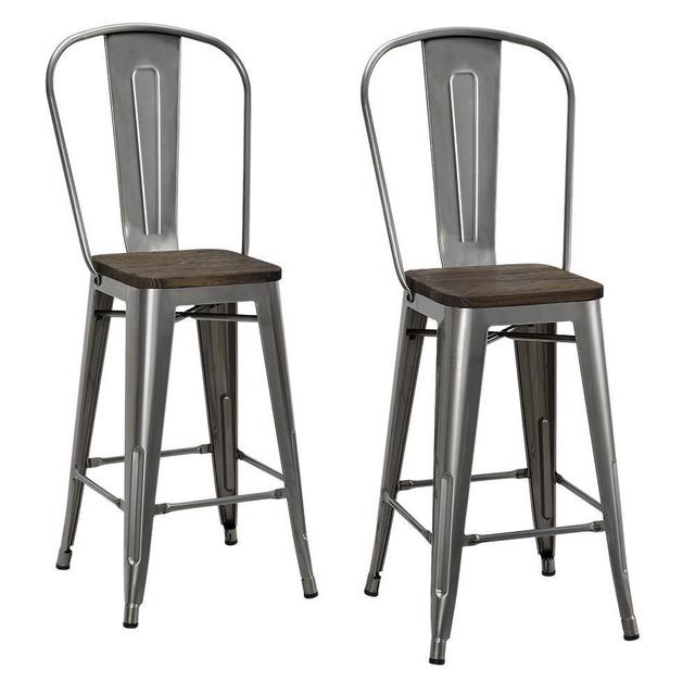 DHP P Luxor Metal Counter Stool with Wood Seat and Backrest Antique Gun