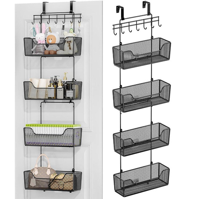 HapiRm Over The Door Organizer - Hanging Door Organizer with 4 Metal Large Capacity Baskets and Adjustable Coat Hook, Behind Door Storage for Bathroom Bedroom Kitchen Pantry Closet Cabinet
