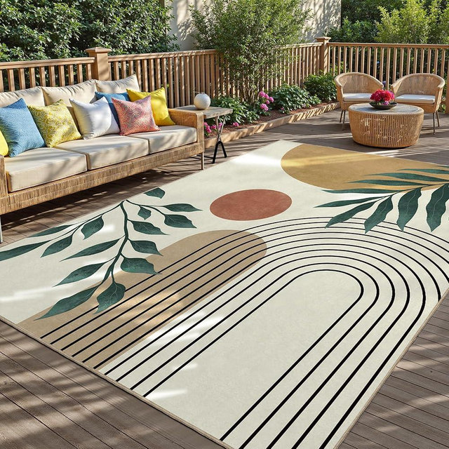 Indoor Outdoor Area Rug, Mid Century Sun Outdoor Patio Rug,Washable Abstract Art Leaves Eucalyptus Runway Rugs Non-Slip Carpet for Camping, Bedroom, Deck(5x8)