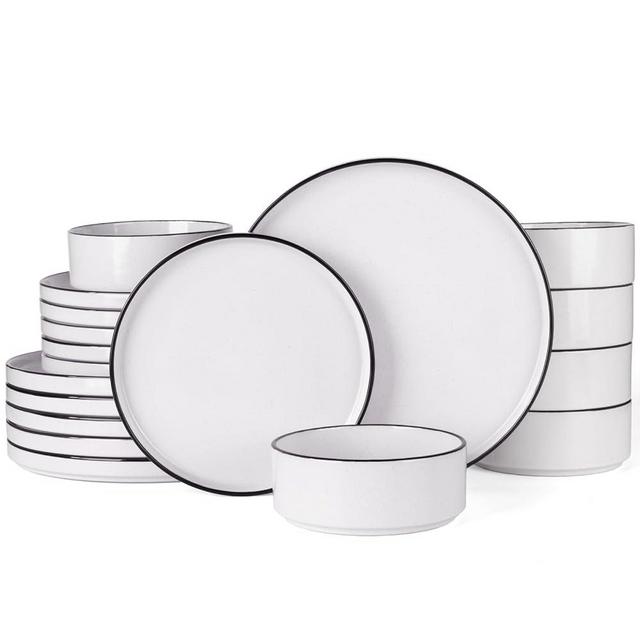 Famiware Nebula Plates and Bowls Sets, 18 Pieces Dinnerware Sets, Dishes Set for 6, White with Black Rim
